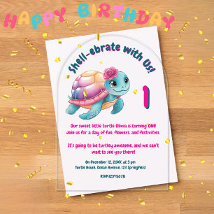 Invitations En Acrylique Cute Whimsical Floral Tortue Anniversaire de enfan