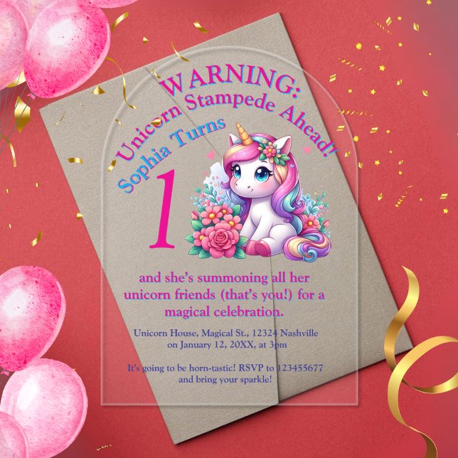 Invitations En Acrylique Cute Whimsical Floral Unicorn Anniversaire de enfa (Créateur téléchargé)