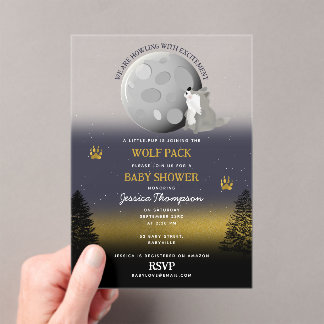 Invitations En Acrylique Cute Wolf Pack Woodland Moon Howling Baby Shower