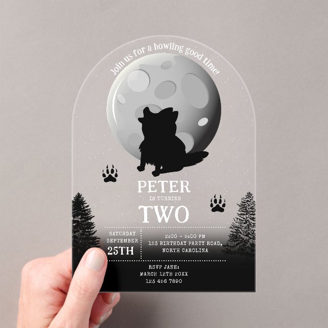 Invitations En Acrylique Cute Wolf Pack Woodland Moon Howling Birthday (In situ (ordinateur de poche))