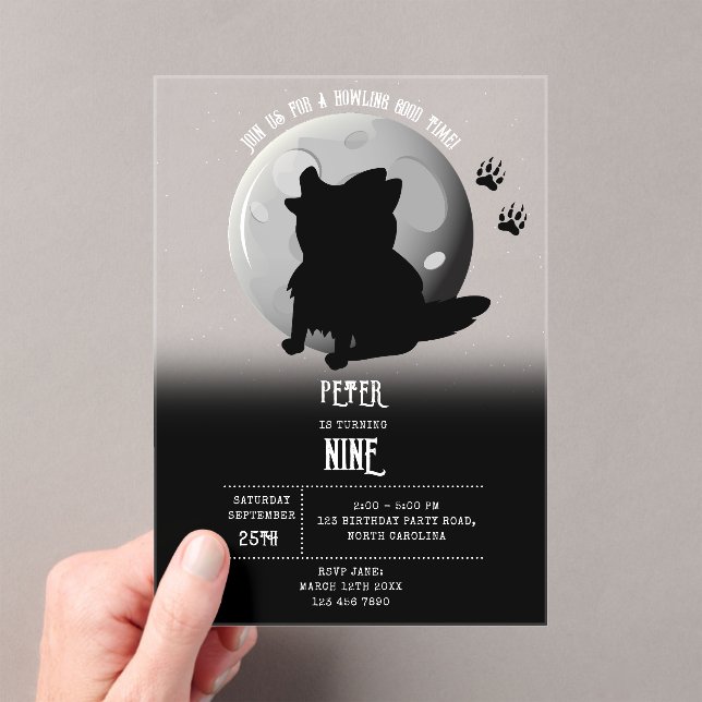Invitations En Acrylique Cute Wolf Woodland Moon Howling Kids Birthday (In situ (ordinateur de poche))