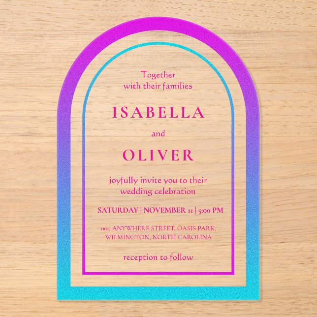 Invitations En Acrylique Cyan and magenta gradient elegant wedding (Recto)