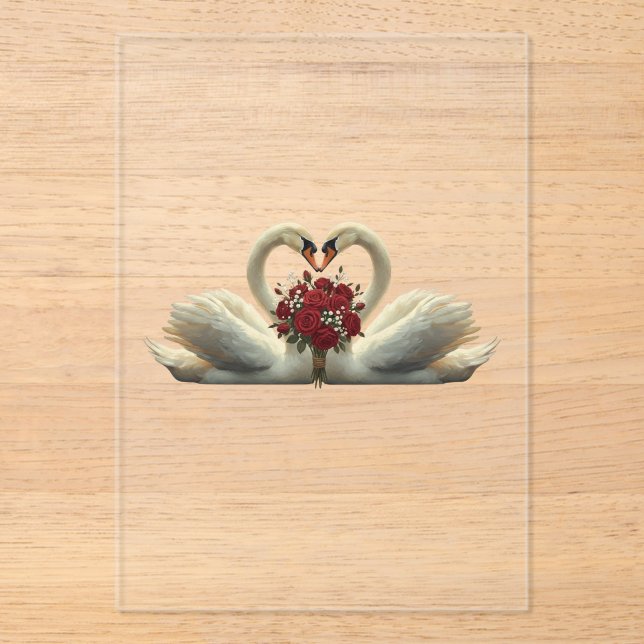 Invitations En Acrylique Cygnes Romantiques Élégants & Roses Rouges - Saint (Recto)