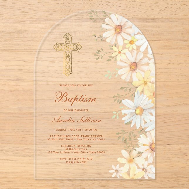 Invitations En Acrylique Daisies Arch Baptême (Recto)
