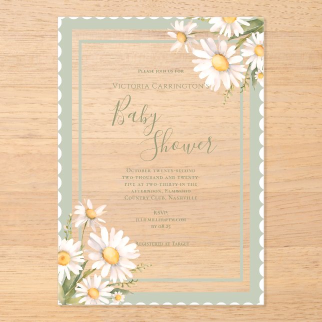 Invitations En Acrylique Daisies Floral Elegant Baby Shower (Recto)