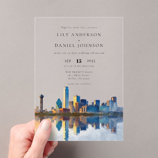 Invitations En Acrylique Dallas Skyline Watercolor Destination Wedding (In situ (ordinateur de poche))