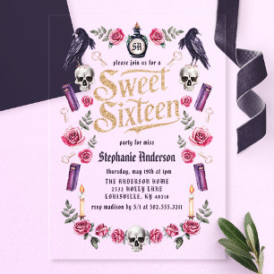 Invitations En Acrylique Dark Academia gothique or floral Sweet 16