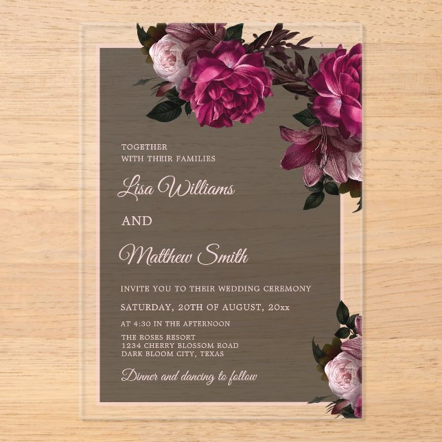Invitations En Acrylique Dark Floral Transparent Wedding (Recto)