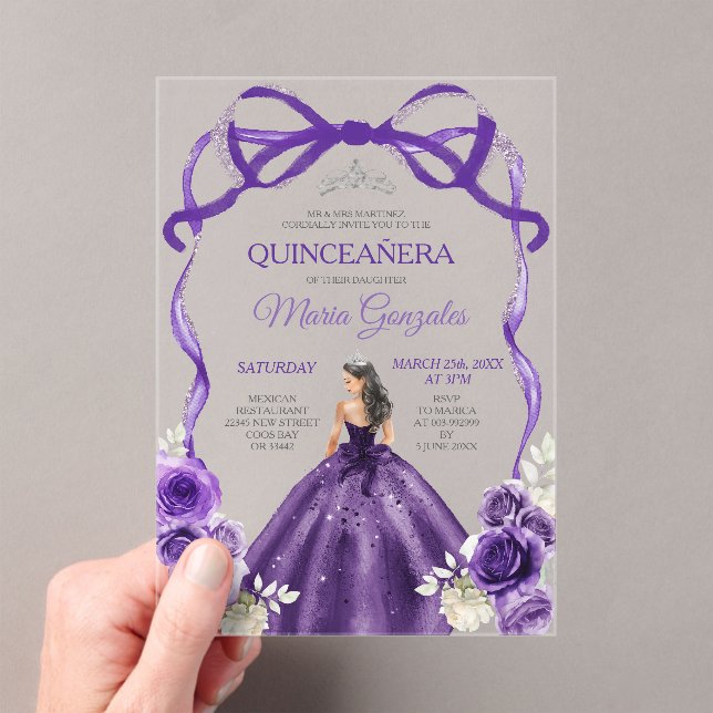 Invitations En Acrylique Dark Purple Bow Silver Crown Princess Quinceañera (In situ (ordinateur de poche))