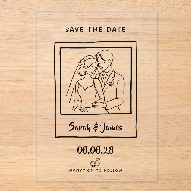 Invitations En Acrylique Date à retenir personnalisable Mariée marié CLair (Recto)