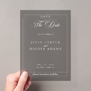 Invitations En Acrylique Date mariage à retenir calligraphie gris classique
