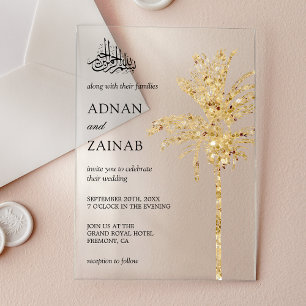 Invitations En Acrylique Date Palm Musulmane Mariage Paillettes Dorées