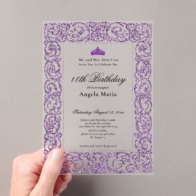 Invitations En Acrylique Début d'anniversaire 18 ans Bordure Violette Éléga (In situ (ordinateur de poche))