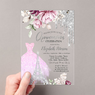 Invitations En Acrylique Déchets, Robe, Tour Eiffel Lilac Rose Quinceañera
