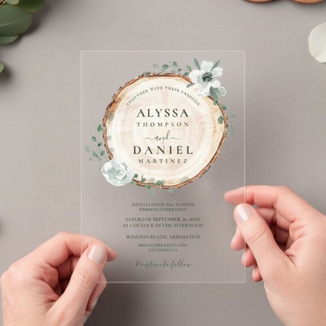 Invitations En Acrylique Décoration de mariage avec tranches de bois rustiq (Elegant, boho rustic acrylic wedding invitation.)