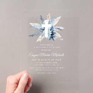 Invitations En Acrylique Dédicace florale bleue de croix blanche moderne 