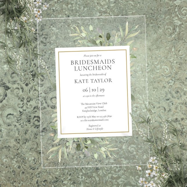Invitations En Acrylique Déjeuner élégant d'aquarelle de verdure pour demoi (Elegant Watercolor Greenery Bridesmaids Luncheon Acrylic Invitations)