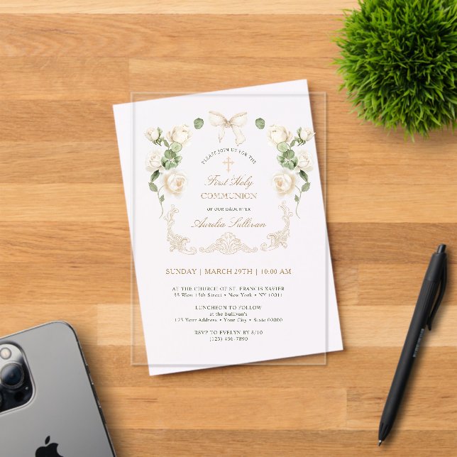 Invitations En Acrylique Delicate Ivory Roses Fr First Holy Communion (Insitu (Carte d'invitation))