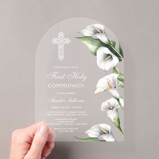 Invitations En Acrylique Delicates Lys Callas Arc Première Communion (In situ (ordinateur de poche))