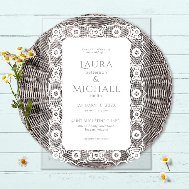 Invitations En Acrylique Dentelle blanche élégante (Créateur téléchargé)