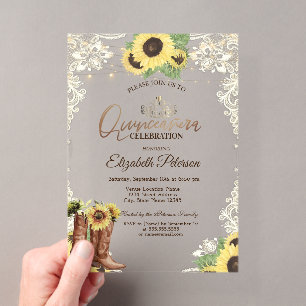 Invitations En Acrylique Dentelle, Bottes Tournesols Bleu Bois Quinceañera