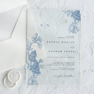 Invitations En Acrylique Dentelle florale bleue Mariage clair
