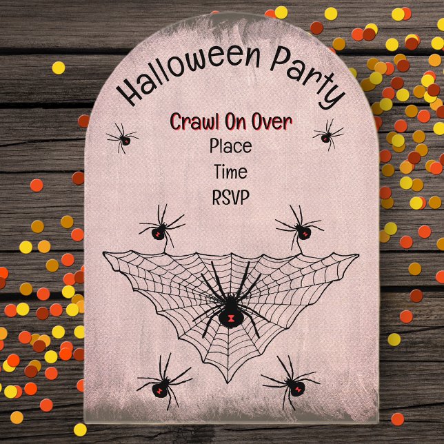 Invitations En Acrylique Déplaisant noir araignées veuves Web ceinture roug (Creepy black widow spiders triangular black web on rustic look red tinged Halloween Party invitation)