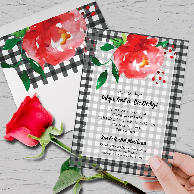 Invitations En Acrylique Derby Day Rose rouge En vichy (Derby day party clear acrylic invitations with red rose on black and white gingham and your details)