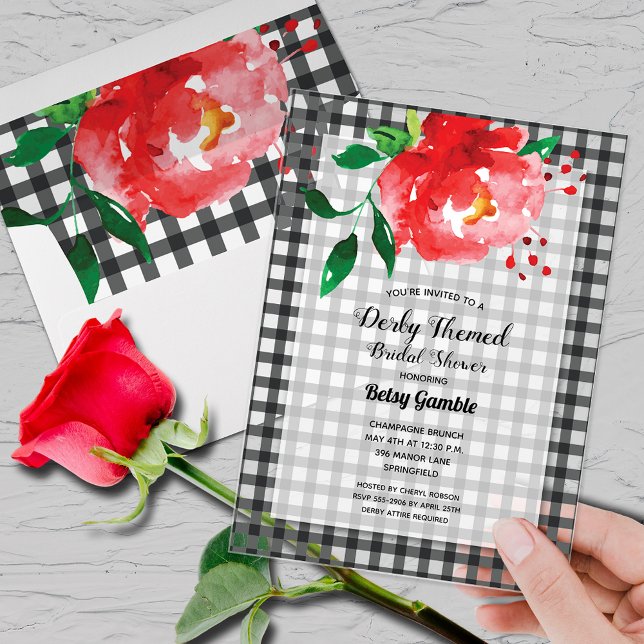 Invitations En Acrylique Derby Rose En vichy Fête des mariées (Derby-themed bridal shower clear acrylic invitations with red rose on black and white gingham)