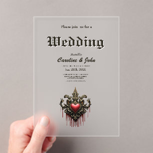 Invitations En Acrylique Des accents dorés, des roses rouges et un coeur :