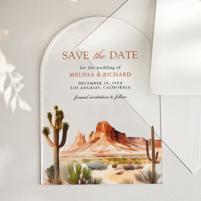 Invitations En Acrylique Desert Mountain Cactus Wedding Save the Date (Créateur téléchargé)