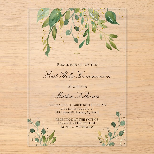 Invitations En Acrylique design verdoyant | Première communion (Recto)