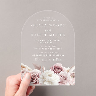 Invitations En Acrylique Designer Arch Blush Rose et Mariage floral blanc