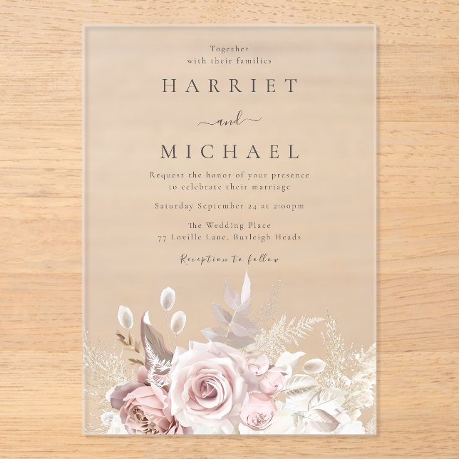 Invitations En Acrylique Designer Dusty Rose & Blush Floral Mariage (Recto)
