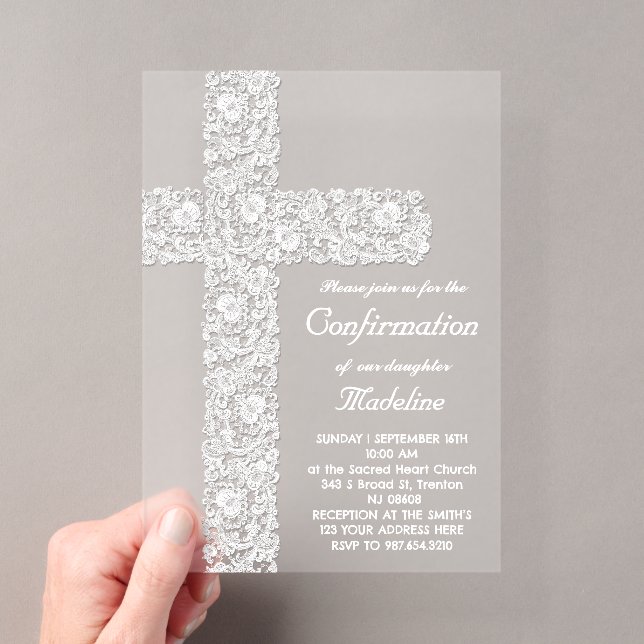 Invitations En Acrylique dessin de croix en dentelle | Confirmation (In situ (ordinateur de poche))