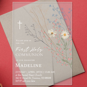 Invitations En Acrylique dessin de fleurs sauvages Première Sainte Communio