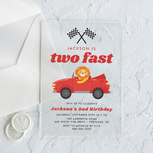 Invitations En Acrylique Deux Fast Lion Red Race Car Boy 2e anniversaire