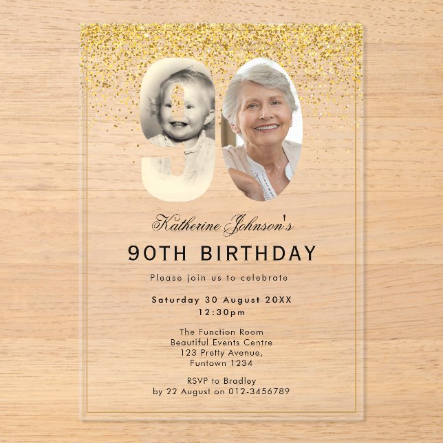 Invitations En Acrylique Deux Photo 90e Anniversaire (Recto)