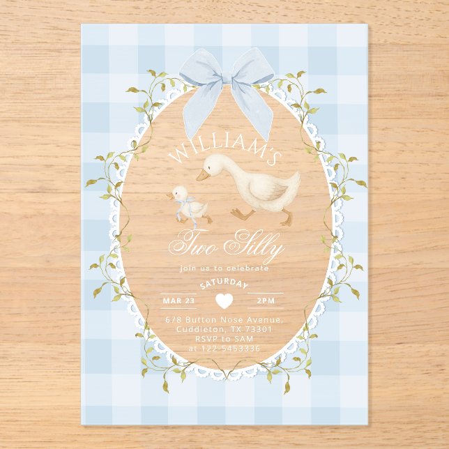Invitations En Acrylique Deux Silly Goose Bleu Gingham 2e Anniversaire (Recto)