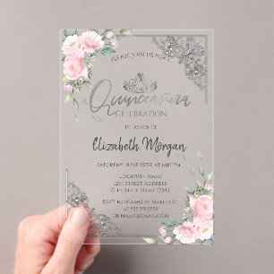 Invitations En Acrylique Diadème argent élégant, fleurs roses diamantées Qu