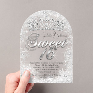 Invitations En Acrylique Diadème argent flocons de neige anniversaire 16 an
