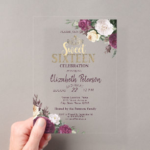 Invitations En Acrylique Diadème,Confettis Fleurs de Bourgogne Fête Douze a
