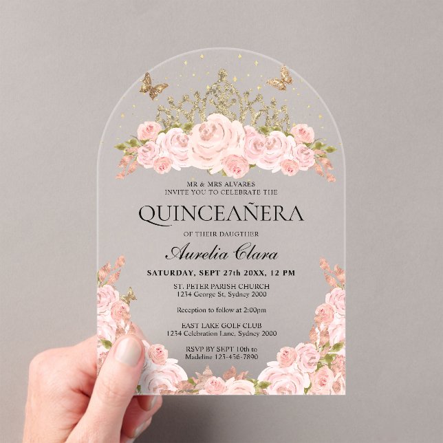 Invitations En Acrylique Diadème d'arche de Quinceanera de fleurs roses ros (In situ (ordinateur de poche))