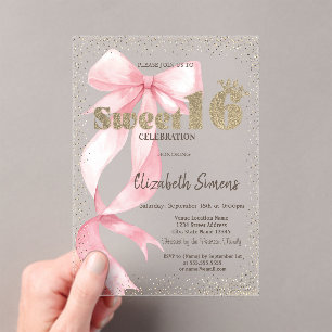 Invitations En Acrylique Diadème Pailleté,Confettis,Ruban Rose Sweet 16
