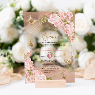 Invitations En Acrylique Diadème Papillon Fleur Rose Doré Quinceañera