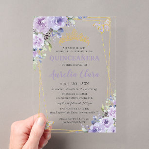 Invitations En Acrylique Diadème Papillons Floral Lilas Violet Quinceañera