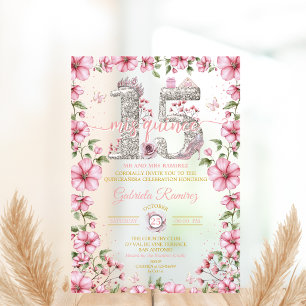 Invitations En Acrylique Diadème Rose Argent et Or Mis Quince Quinceañera