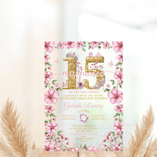 Invitations En Acrylique Diadème Rose Pâle et Or Mis Quince Quinceañera