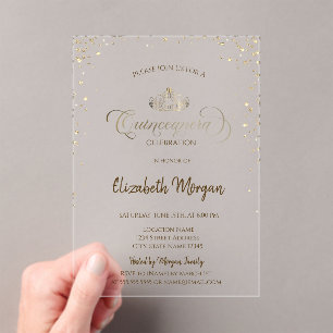 Invitations En Acrylique Diadème Royal en Or, Diamants Quinceañera Verte