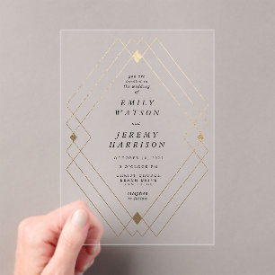 Invitations En Acrylique Diamant Or Blanc Géométrique Mariage Gatsby